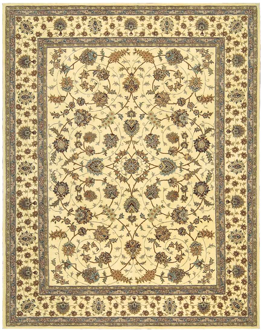 Beige Persian-style area rug with intricate floral vines and multi-layer blue and brown borders.