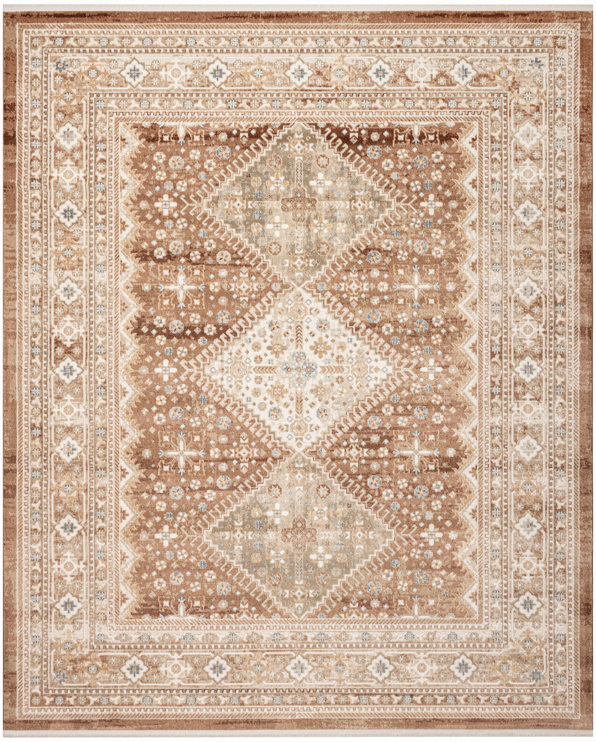 Brown and beige oriental rug with diamond lattice central motif, cream and light blue accents, ornate bordered pattern.