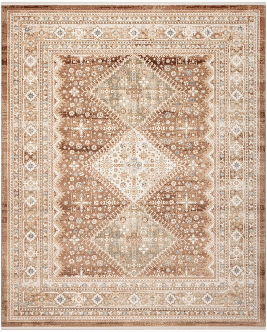 Brown and beige oriental rug with diamond lattice central motif, cream and light blue accents, ornate bordered pattern.