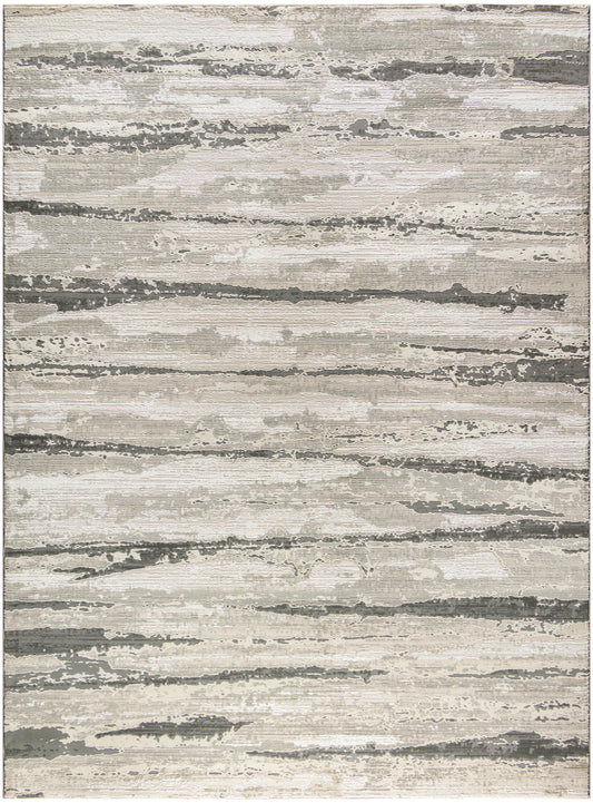 Neutral abstract striped rug in cream, taupe & gray with a distressed brushstroke pattern; modern woven, 8' x 10'.