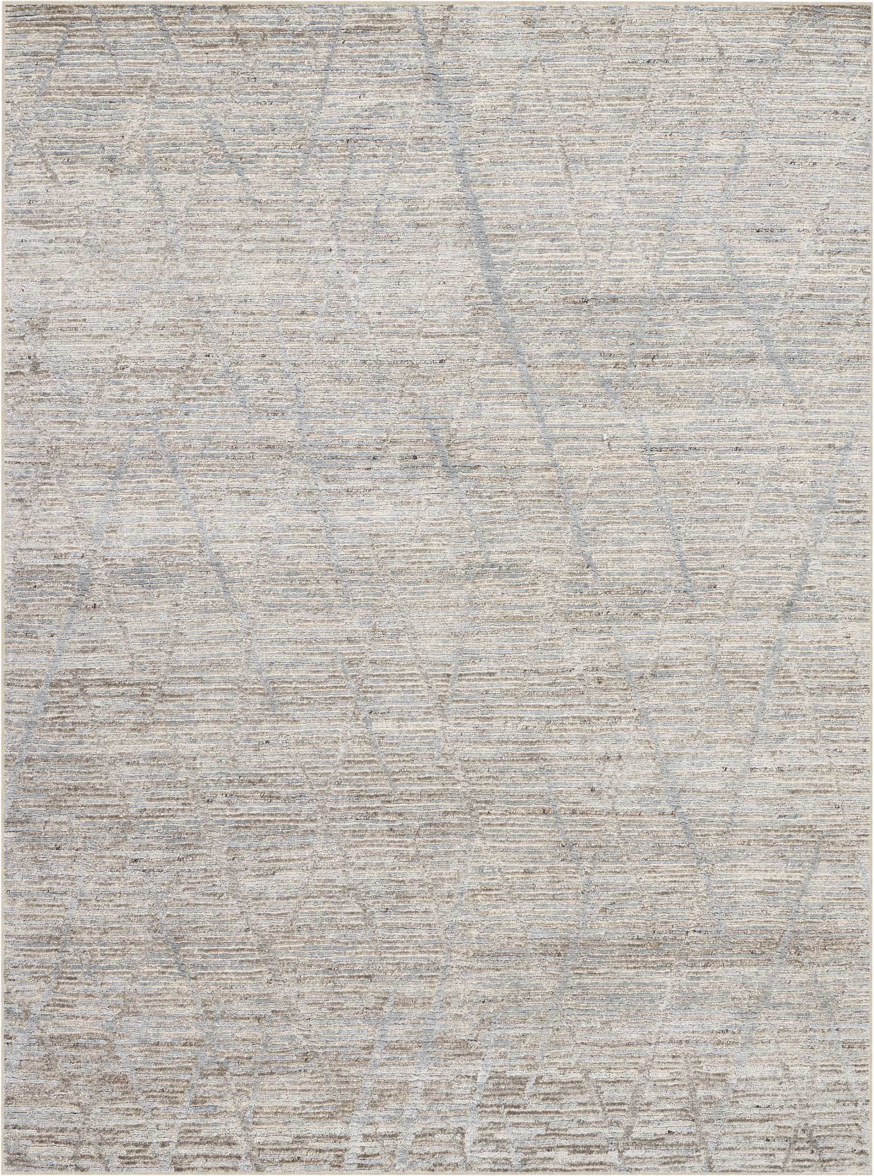 Neutral gray-beige rectangular rug with a soft textured pile and subtle geometric lattice pattern.
