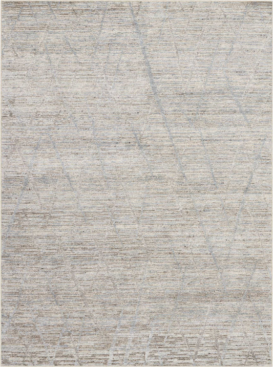 Neutral gray-beige rectangular rug with a soft textured pile and subtle geometric lattice pattern.