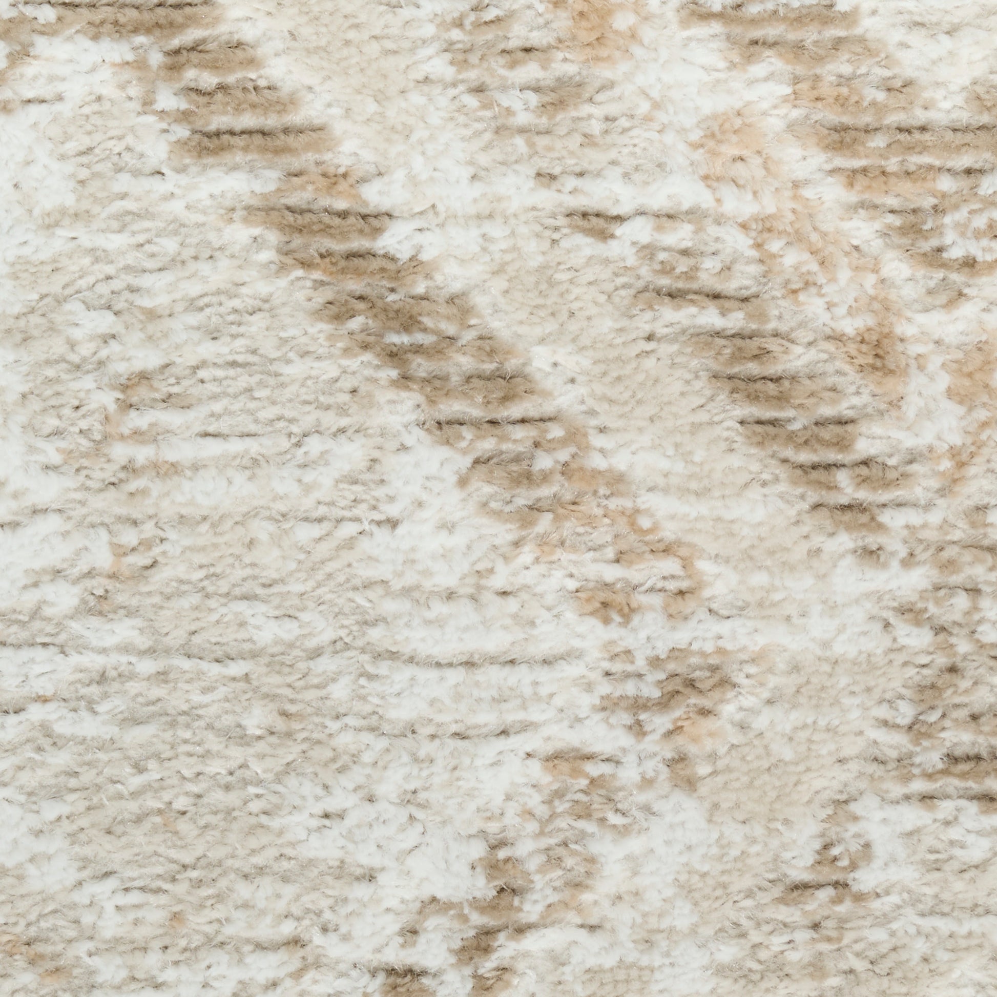 Cream and beige shag rug with soft fluffy pile for cozy living room decor.
