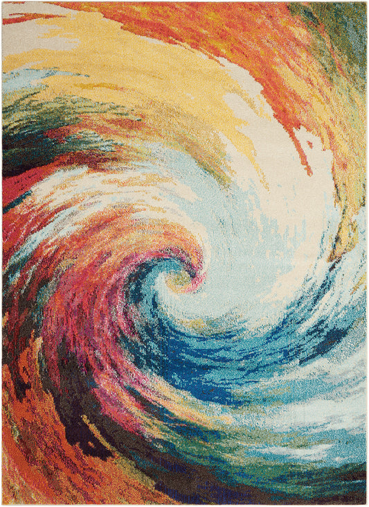 Vibrant abstract rainbow swirl with bold texture; modern 5' x 7' rug with swirling circular pattern.