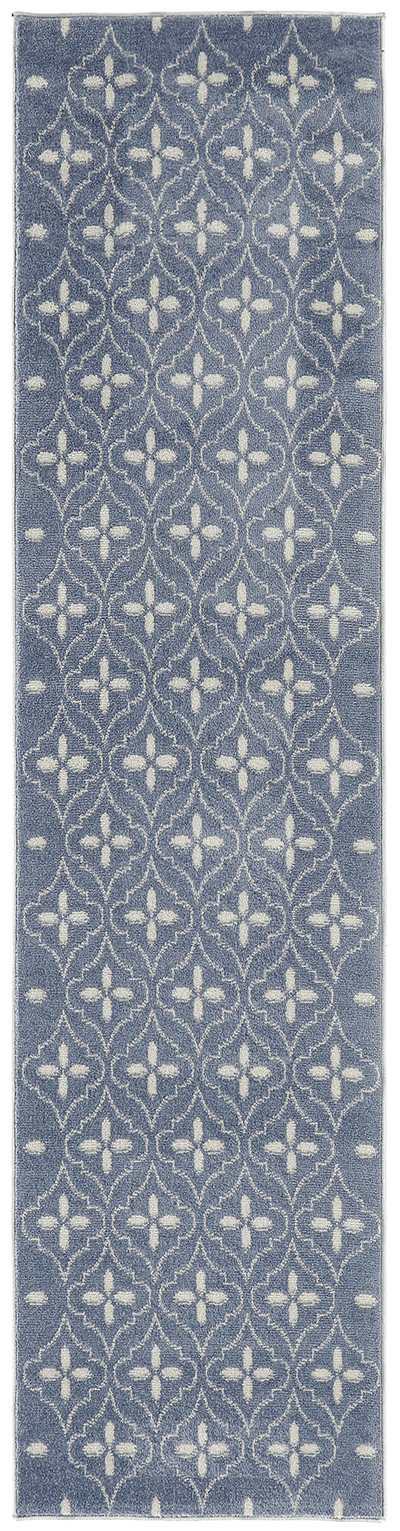 Blue runner rug with white floral lattice pattern, long slim rectangular shape for hallway or doorway.