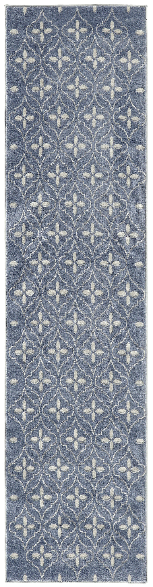 Blue runner rug with white floral lattice pattern, long slim rectangular shape for hallway or doorway.