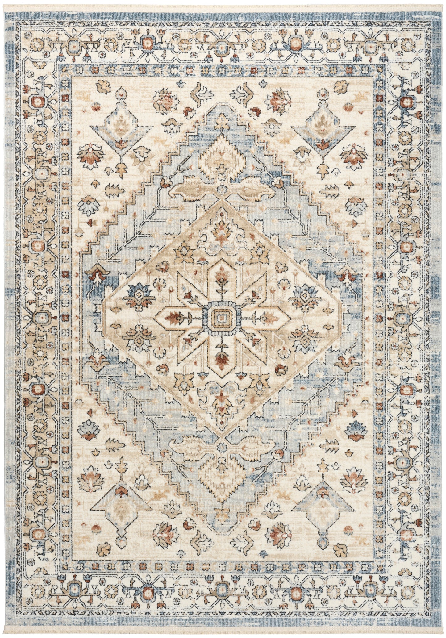 Oriental rug with cream and ivory base, light blue accents, central diamond medallion, floral motifs, decorative borders.