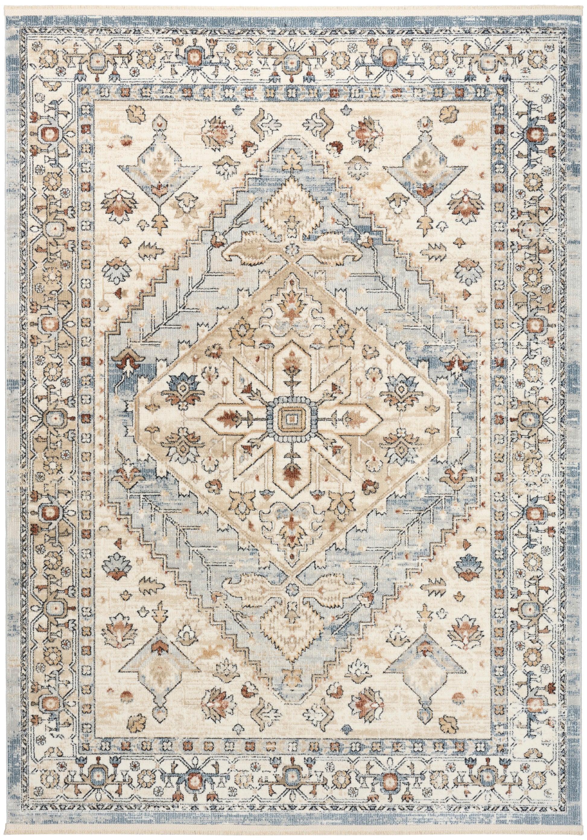 Oriental rug with cream and ivory base, light blue accents, central diamond medallion, floral motifs, decorative borders.