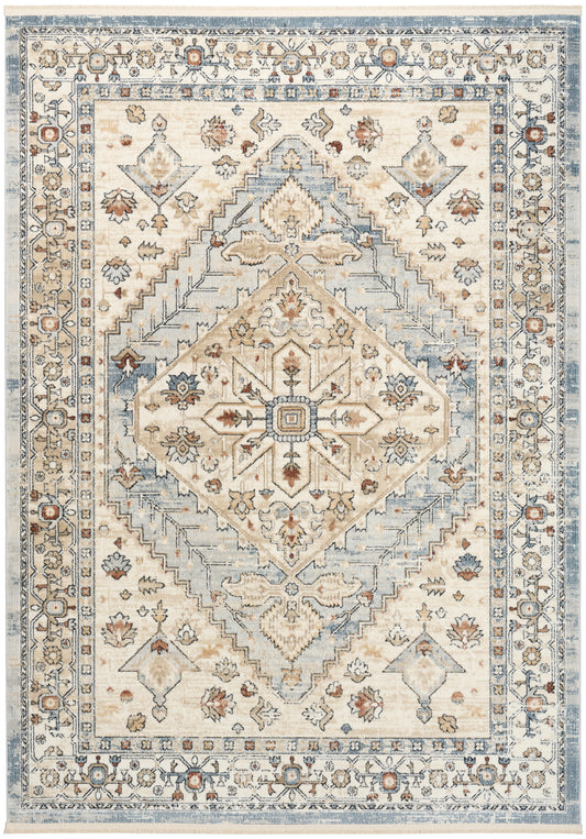Oriental rug with cream and ivory base, light blue accents, central diamond medallion, floral motifs, decorative borders.