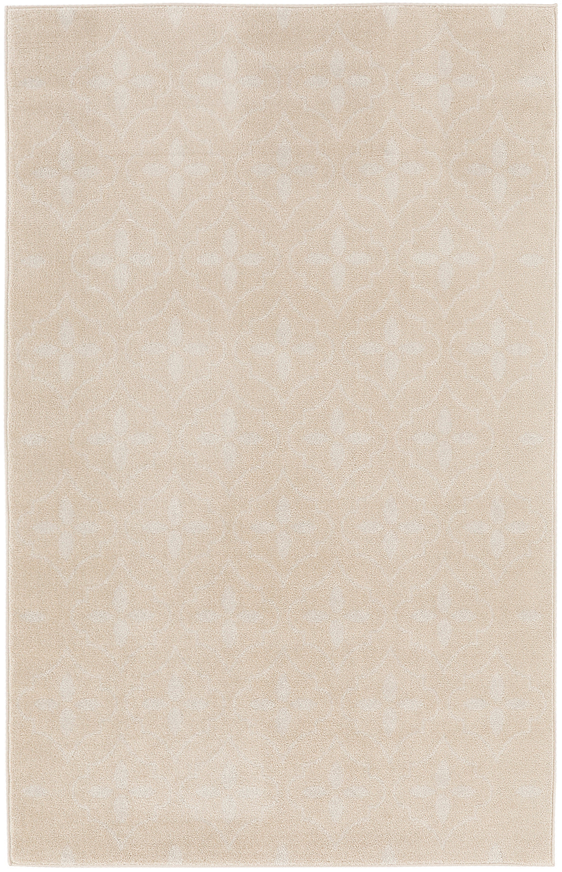 Beige rectangular area rug with subtle off-white geometric floral lattice pattern and soft pile.
