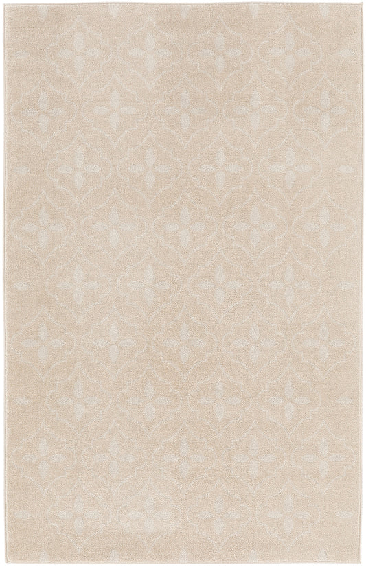 Beige rectangular area rug with subtle off-white geometric floral lattice pattern and soft pile.