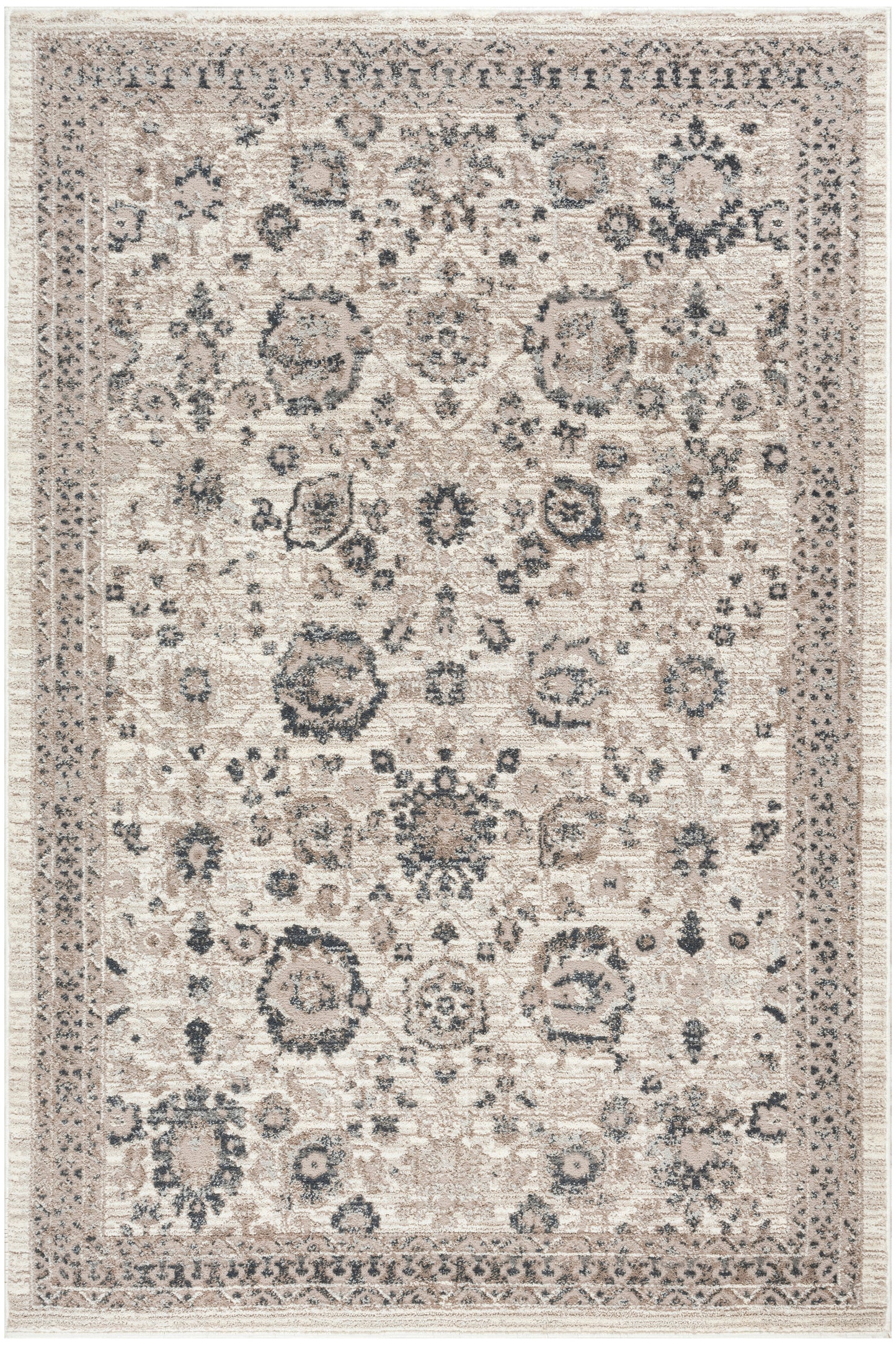 Beige Persian-style rug with blue-gray floral medallions & ornate border, vintage distressed finish.
