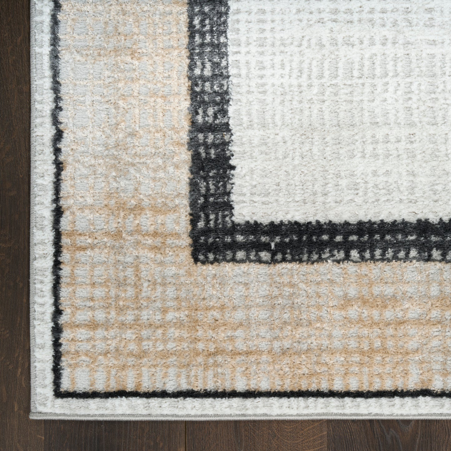 Geometric area rug with cream center, beige outer field, bold black border lines on dark wood floor.