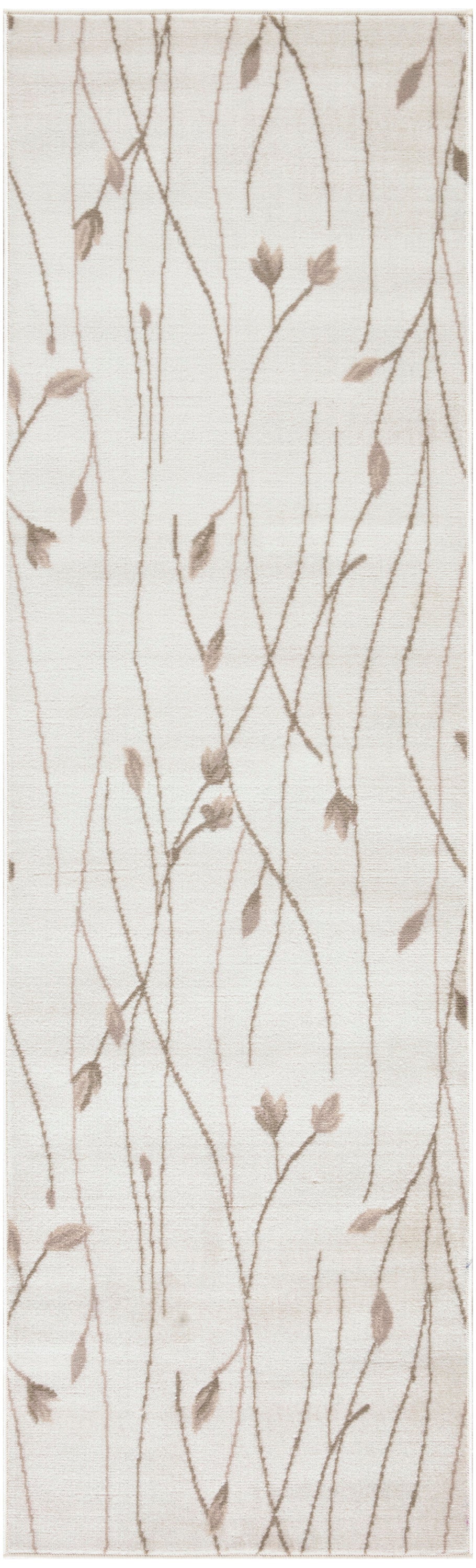 Beige woven hallway runner rug with brown twig-and-leaf pattern; neutral botanical decor.