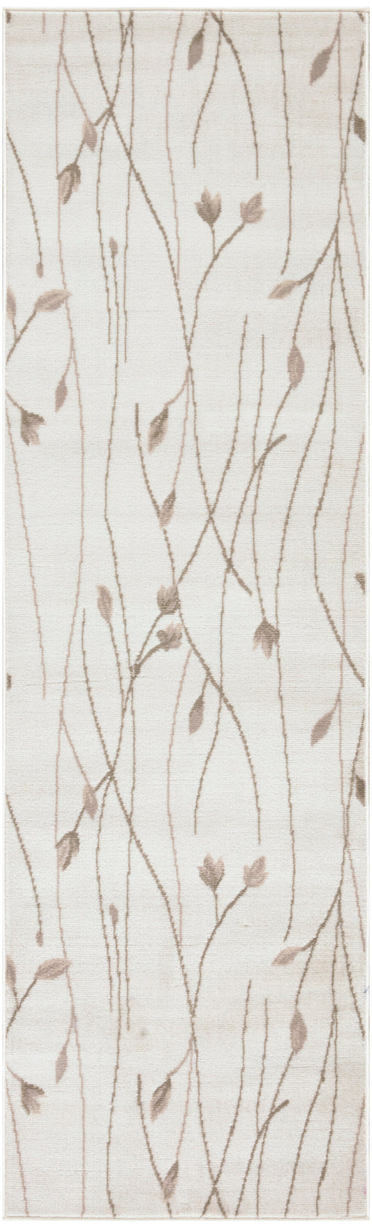 Beige woven hallway runner rug with brown twig-and-leaf pattern; neutral botanical decor.