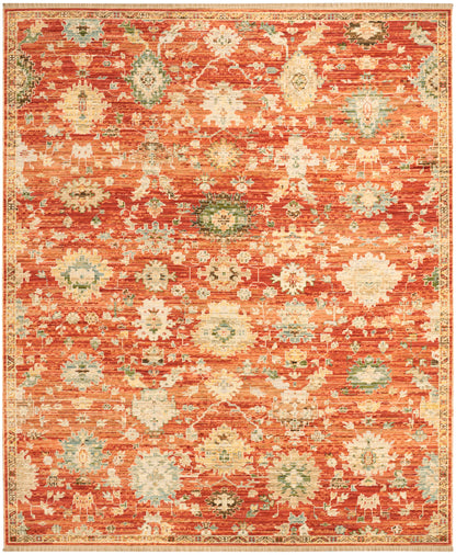 Rectangular oriental area rug in warm orange-red with cream, teal and sage floral medallions.