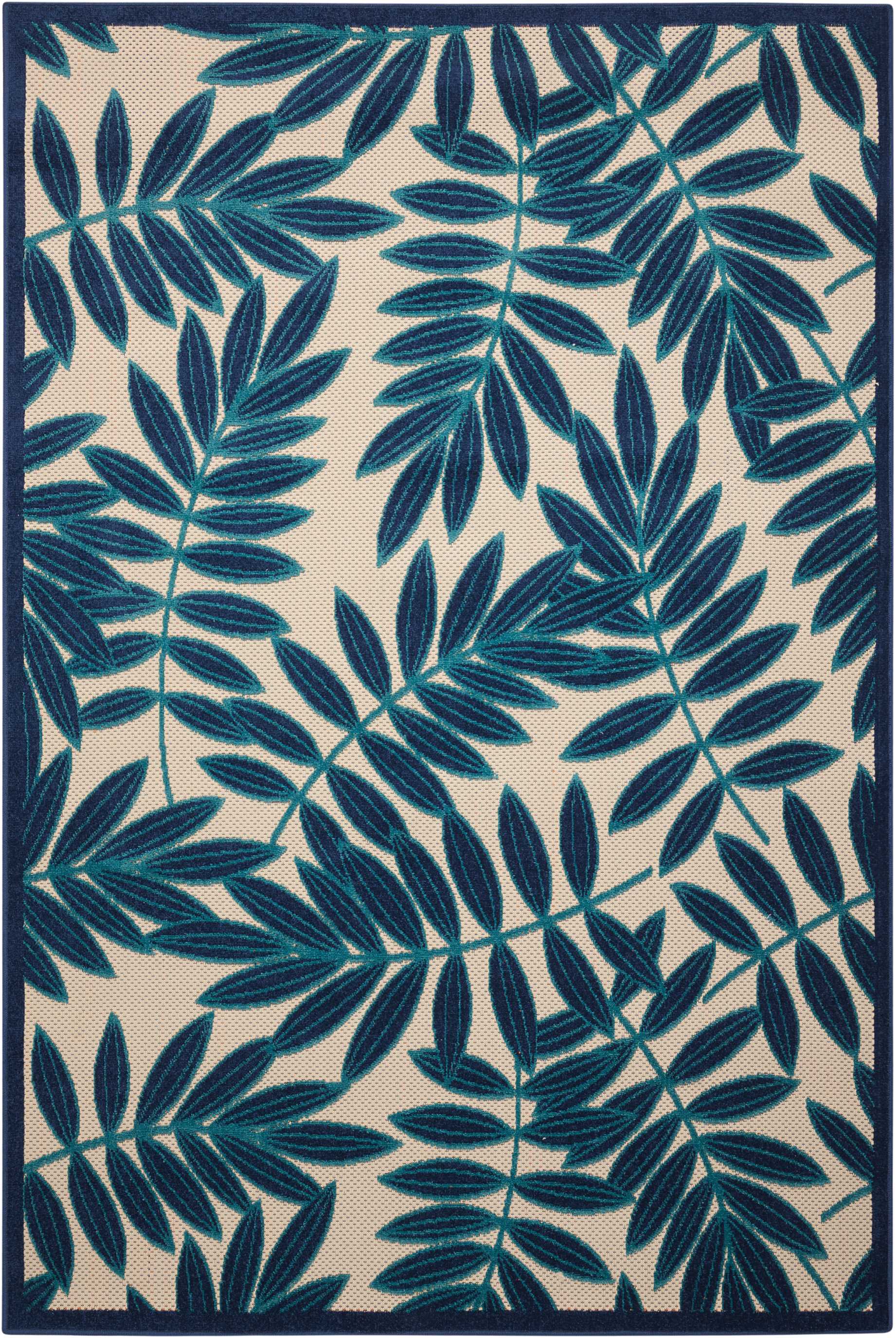 Rectangular area rug, 4' x 6', with teal-blue leafy pattern on beige background & dark navy border.