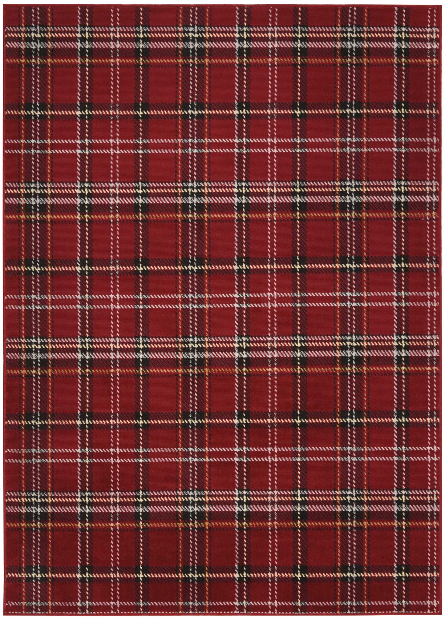 Red plaid fabric with black, white and yellow thin lines in a classic tartan weave.