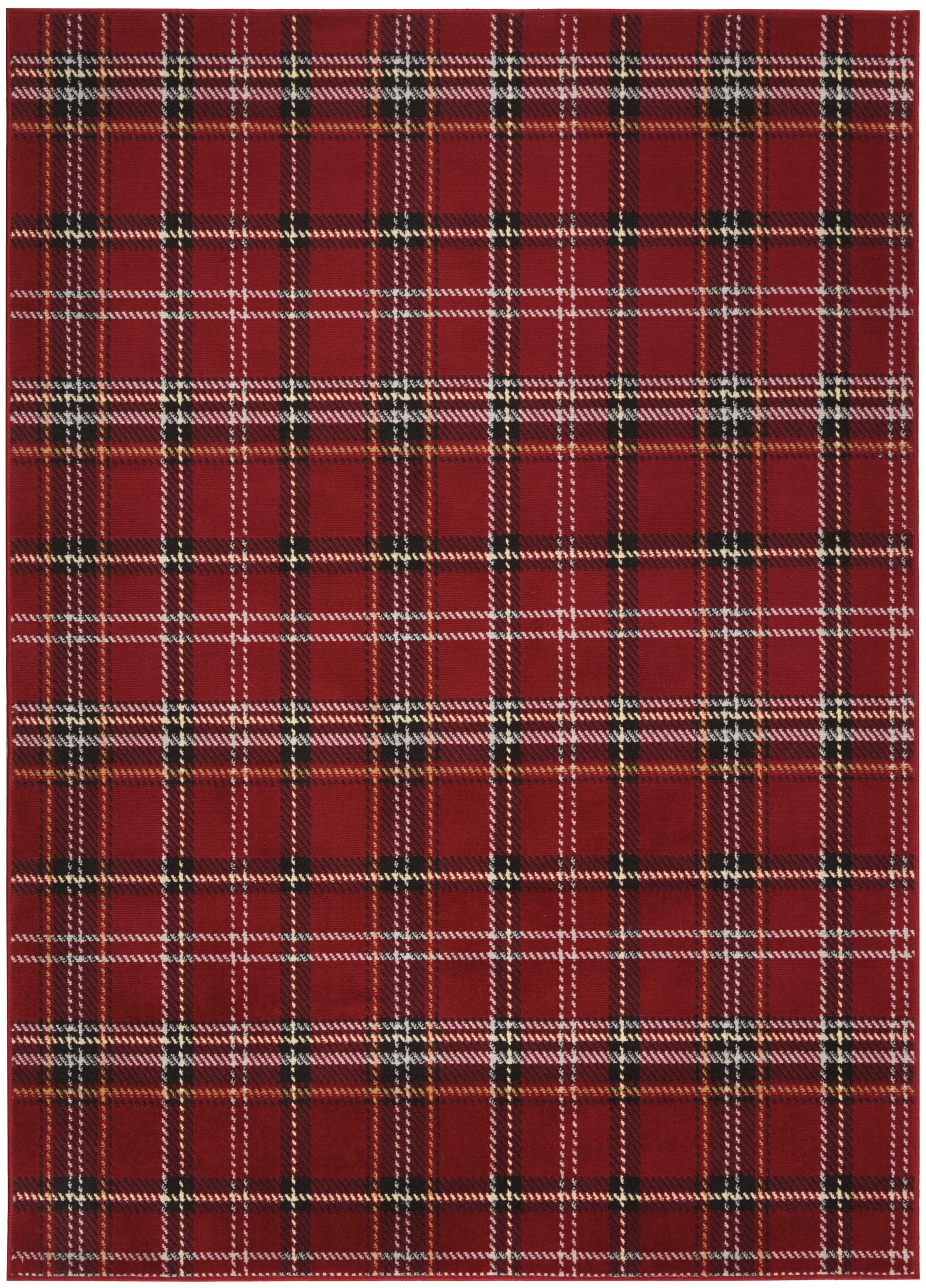 Red plaid fabric with black, white and yellow thin lines in a classic tartan weave.