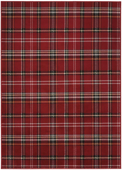 Red plaid fabric with black, white and yellow thin lines in a classic tartan weave.