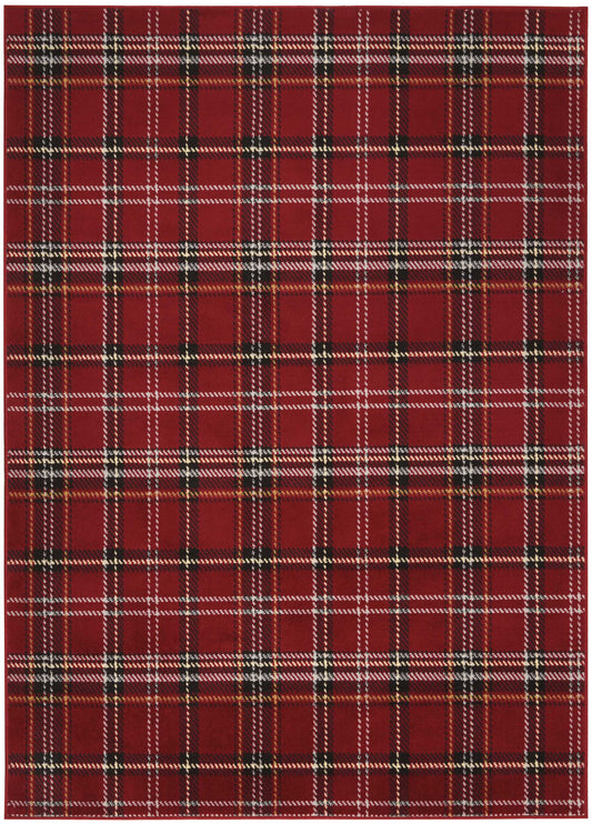 Red plaid fabric with black, white and yellow thin lines in a classic tartan weave.