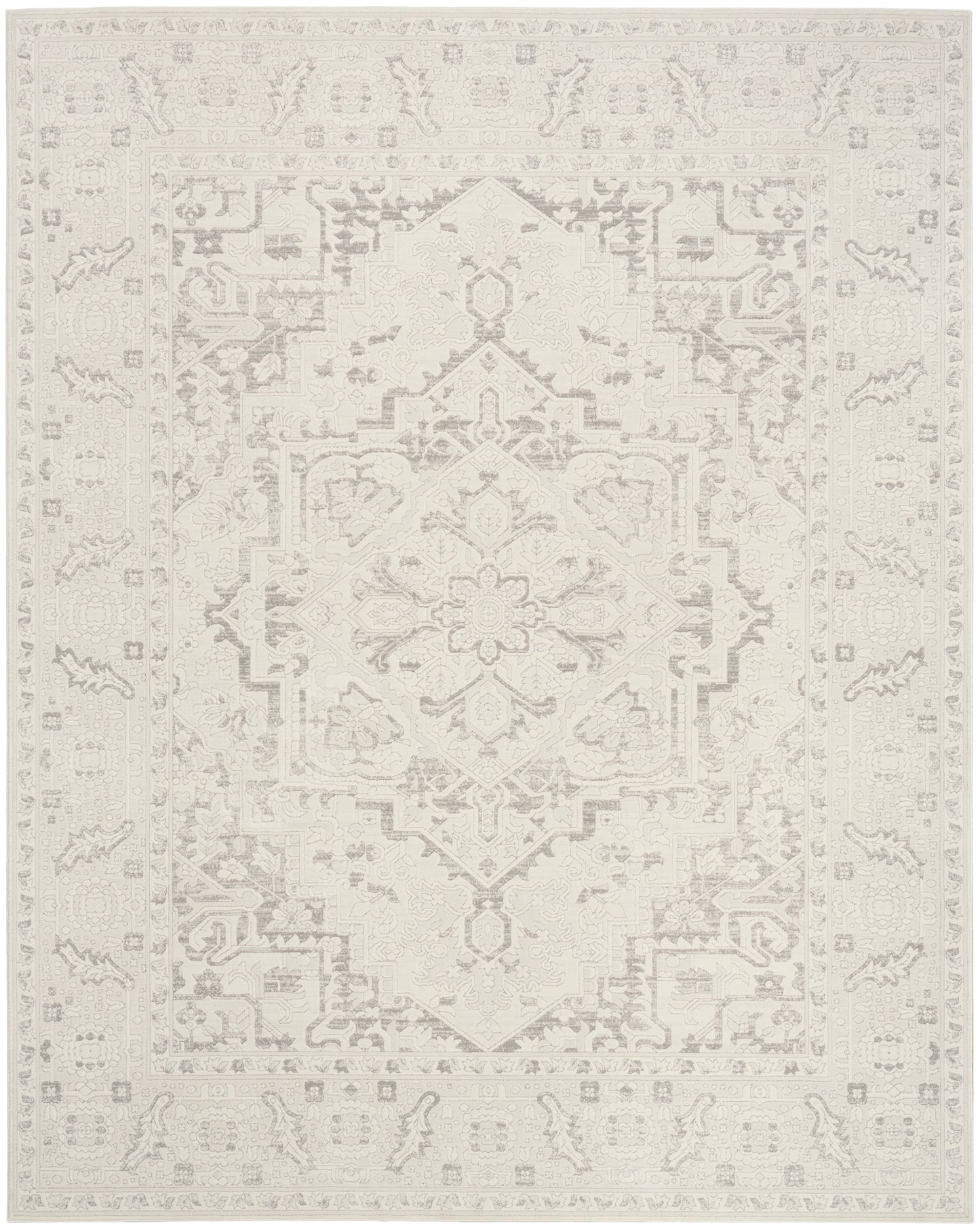 Ivory distressed oriental rug with a subtle beige central medallion and floral border; area rug.