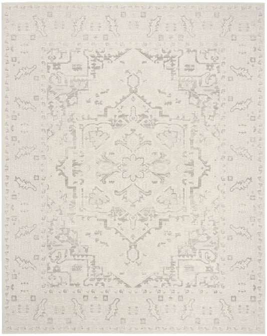 Ivory distressed oriental rug with a subtle beige central medallion and floral border; area rug.
