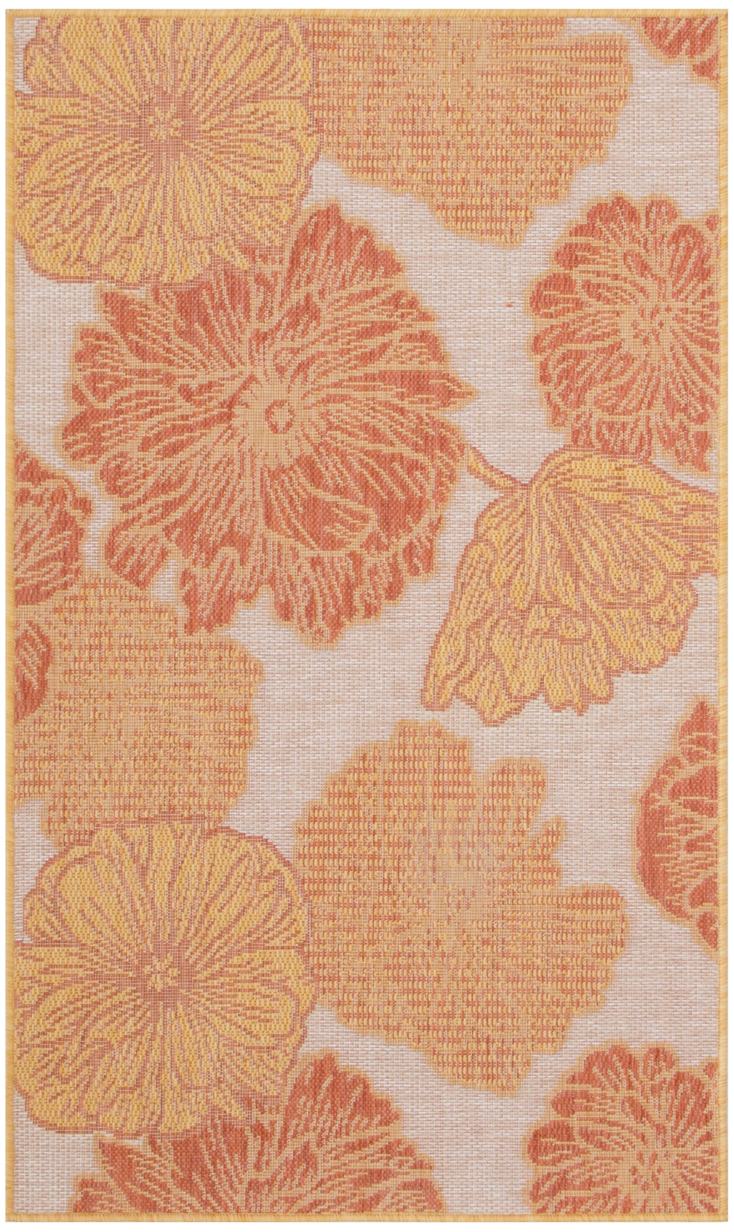 Floral pattern fabric with large orange and yellow blooms on a light beige background; decorative textile.