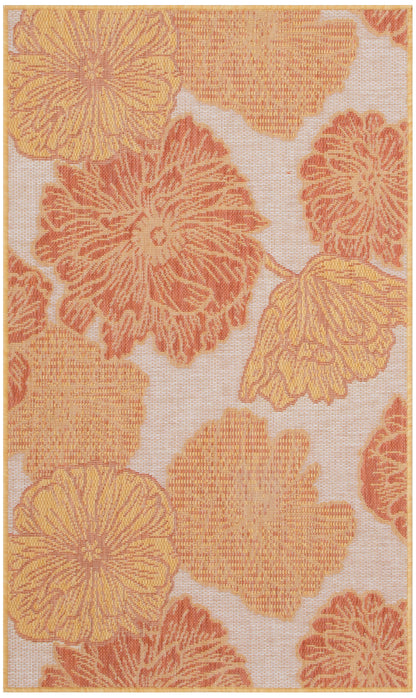Floral pattern fabric with large orange and yellow blooms on a light beige background; decorative textile.