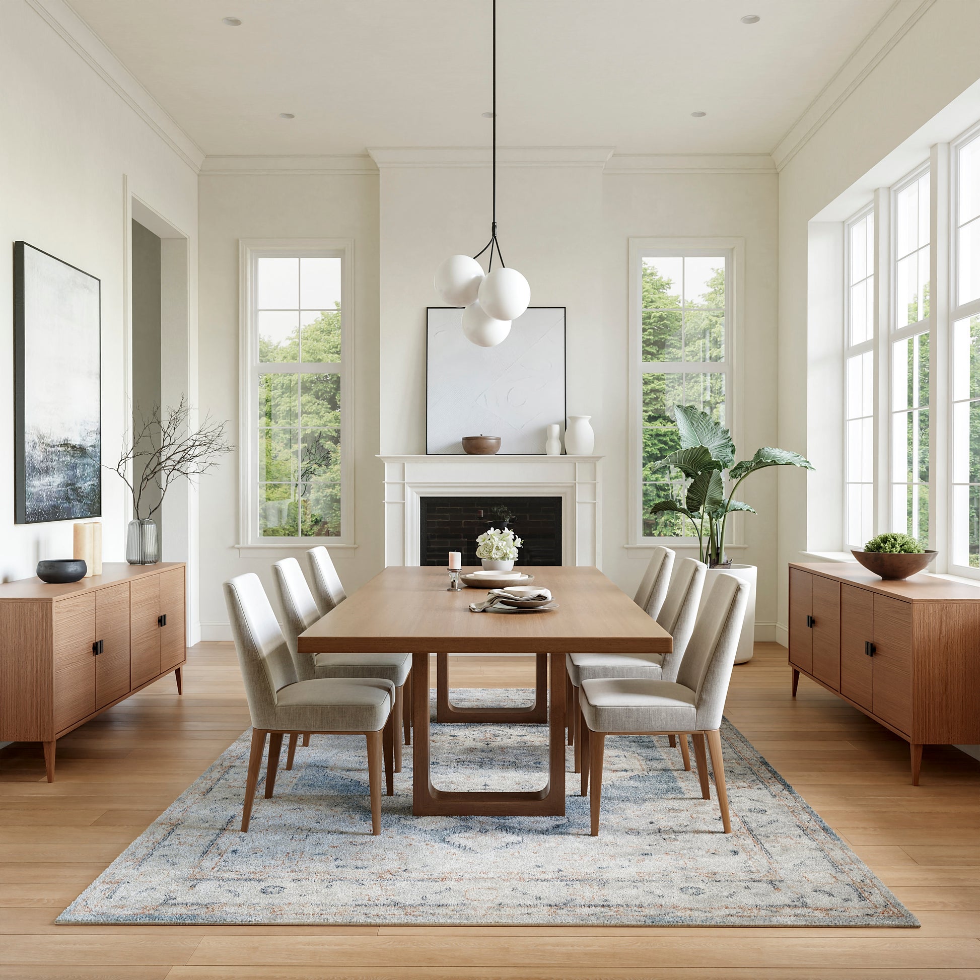 Rectangular wooden dining table with eight beige upholstered chairs in a bright modern dining room, globe pendant light.
