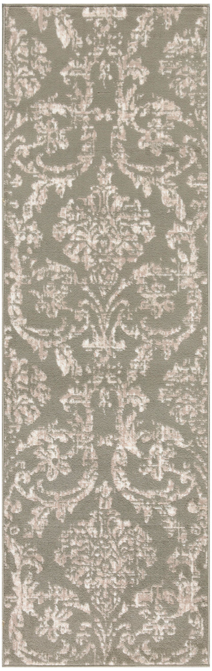 Rectangular area rug in taupe with ivory damask pattern, traditional oriental styling, low-pile synthetic.