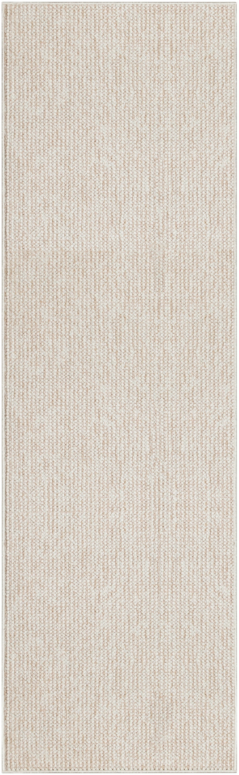Beige textured woven rug with looped pile, long rectangular shape and a soft, neutral tone.