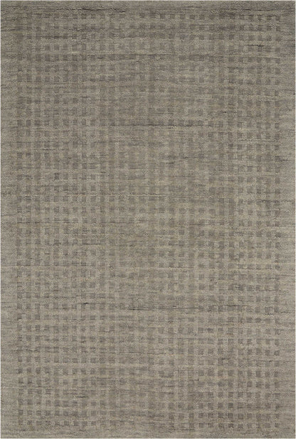Rectangular taupe-gray woven area rug with subtle distressed grid pattern.