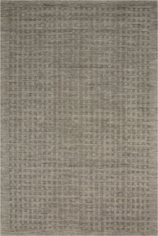Rectangular taupe-gray woven area rug with subtle distressed grid pattern.