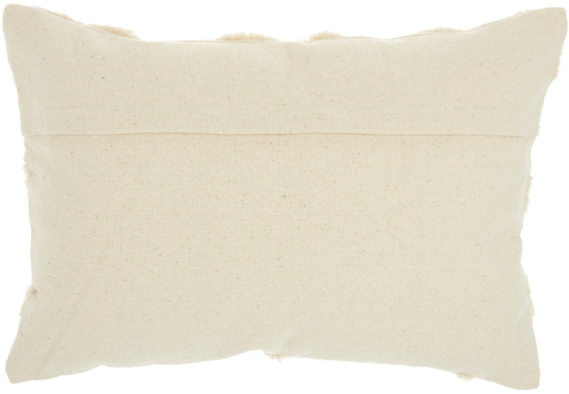 Cream cotton throw pillow with visible weave and center seam, rectangular cushion for sofa or bed.