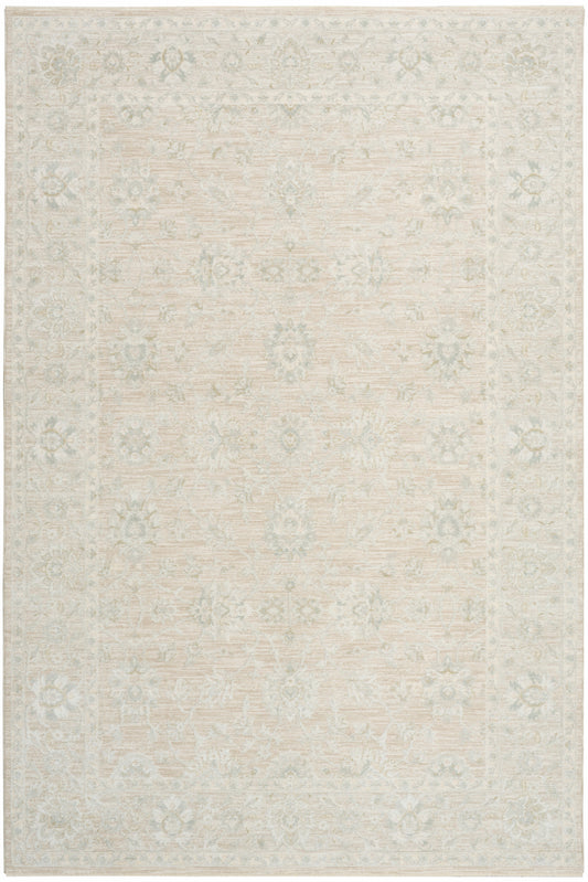 Neutral cream-beige area rug with subtle distressed oriental motifs and pale floral medallions.