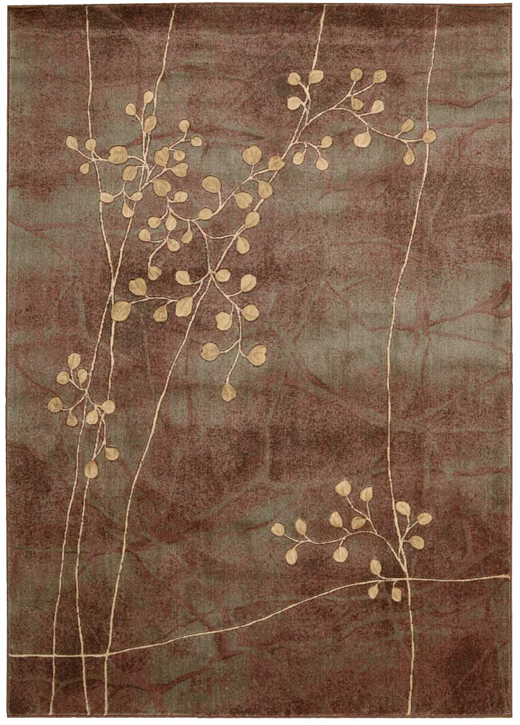 Rectangular area rug in brown and taupe with ivory botanical vines and small round leaves.