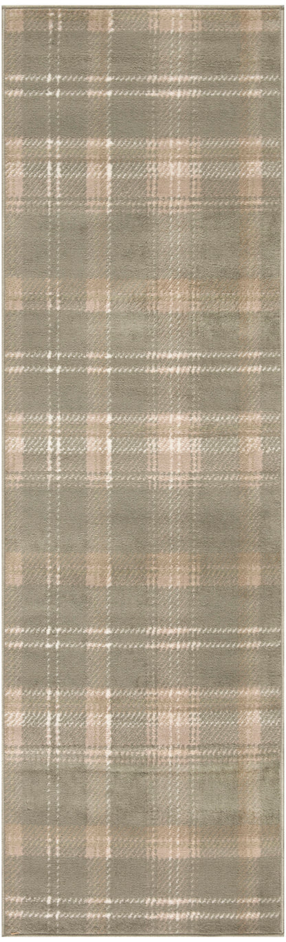 Grey-green plaid rug runner (10') with beige & white lines; classic tartan pattern & soft wool-like texture.