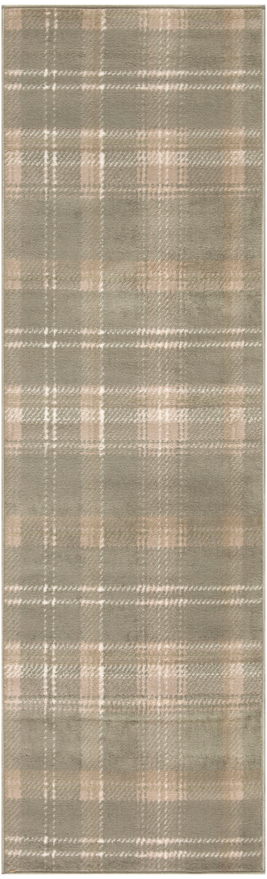 Grey-green plaid rug runner (10') with beige & white lines; classic tartan pattern & soft wool-like texture.