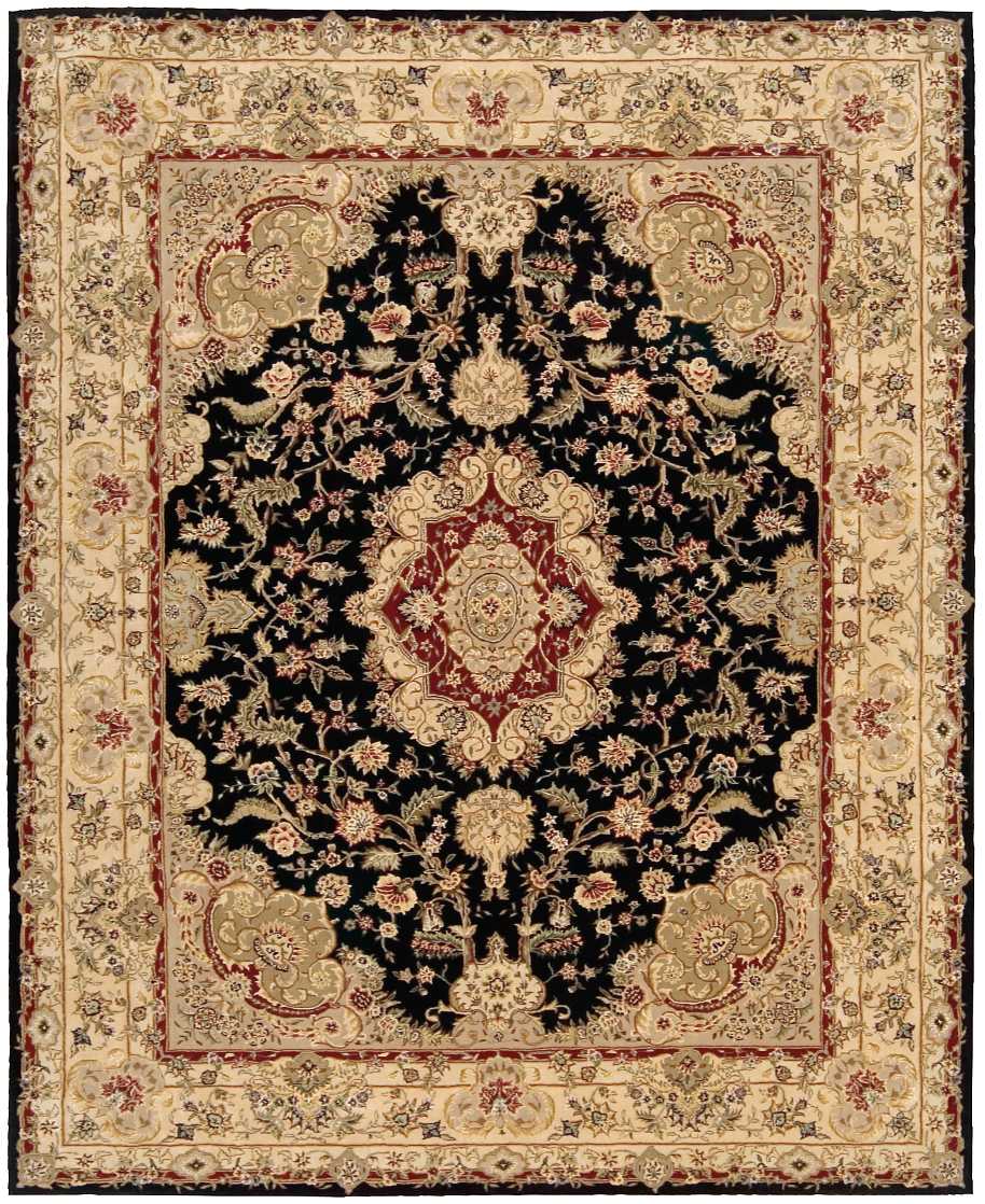 Persian-style rug with black central field, gold cream floral medallions, red border and elaborate beige border.