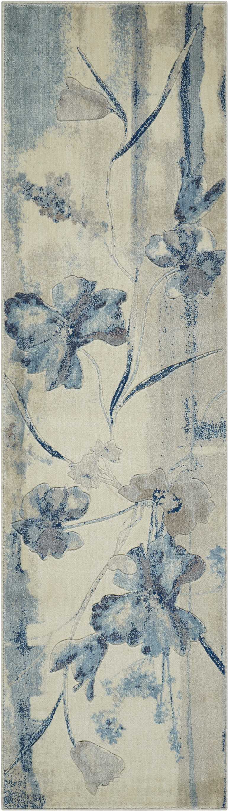 Blue and ivory floral runner rug with airy abstract blossoms; narrow elongated shape, modern botanical style.