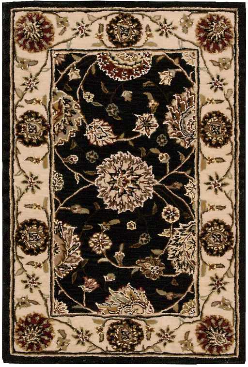 Ornate oriental rug with black central field, cream border and burgundy rosettes; floral vines, Persian style