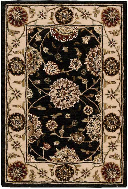 Ornate oriental rug with black central field, cream border and burgundy rosettes; floral vines, Persian style