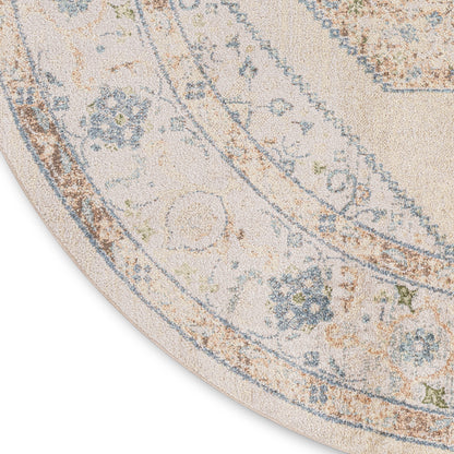 Round beige rug with blue and tan floral borders, soft pile, vintage-inspired decorative rug.