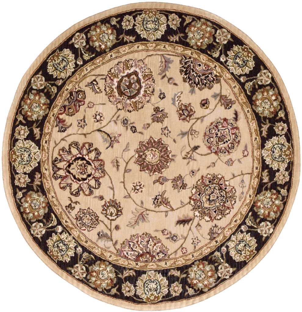 Round beige Persian-style rug with a black floral border and intricate cream, brown, and teal blossoms.