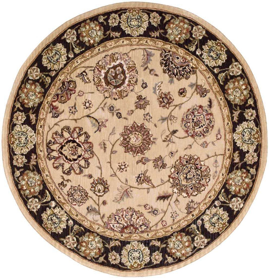 Round beige Persian-style rug with a black floral border and intricate cream, brown, and teal blossoms.