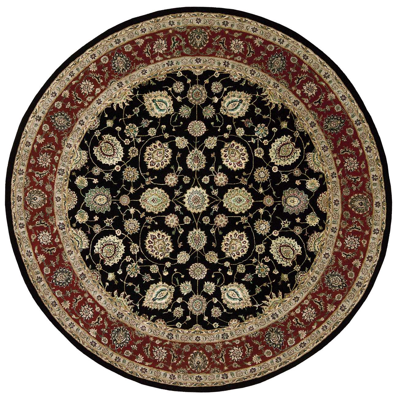 Round oriental rug: black center with gold floral motifs, cream border, red outer border; traditional Persian style.