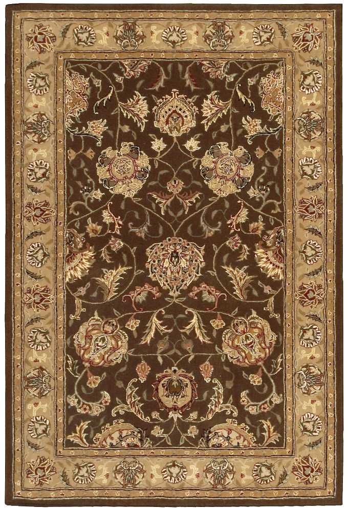 Dark brown oriental rug featuring gold-cream floral motifs on a dense field, with a beige rosette-border.