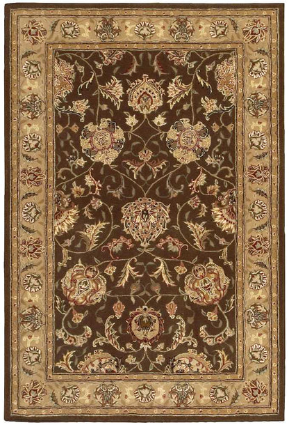 Dark brown oriental rug featuring gold-cream floral motifs on a dense field, with a beige rosette-border.