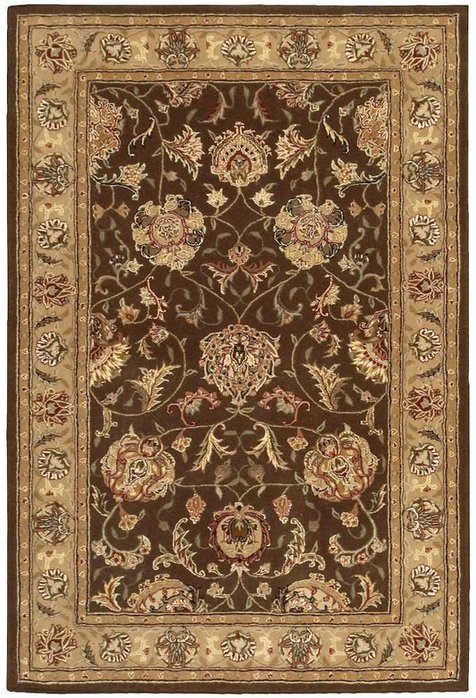 Dark brown oriental rug featuring gold-cream floral motifs on a dense field, with a beige rosette-border.